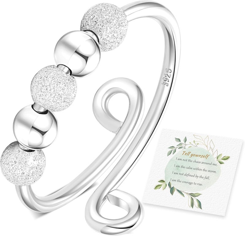 Senteria Anxiety Rings for Women Sterling Silver Rings Adjustable Stress Spinner Rings with Beads Fidget Rings for Anxiety Women - Image 1